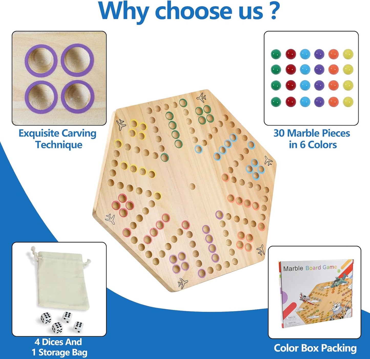 Original Marble Game Wahoo Board Game Double Sided Painted Wooden Fast Track Board Game for Family Friends and Party 6 and 4 Players 6 Colors 24 Marbles 6 Dice