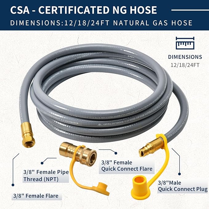ABYDA 18 Feet 3/8" ID Natural Gas Grill Hose with Quick Connect Fittings, Ideal Natural Gas Line for Grills, Pizza Ovens, Heaters, and More Low Pressure Appliances