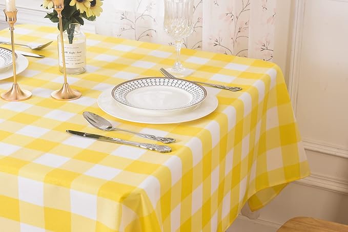 Cupuamon 2 Pack Waterproof Polyester Fabic Rectangle Checkered Tablecloth，60x102 Outdoor Table Cloth，Oil Stain Prevention Table Cloth for Pinics and Parties（Yellow and White）