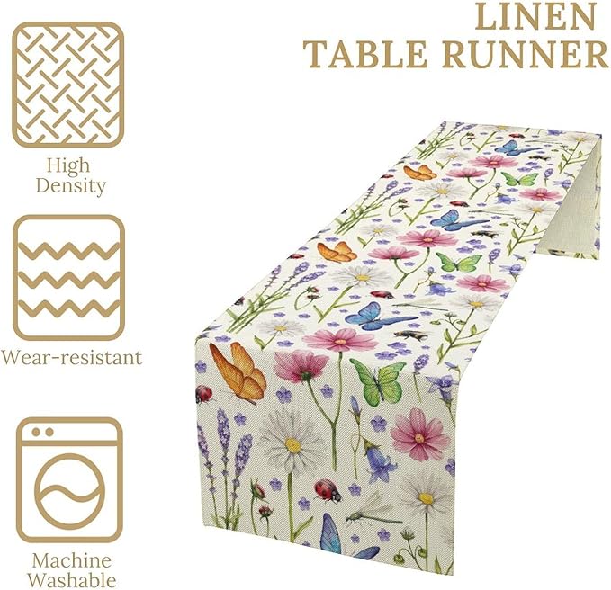 Flower Floral Table Runner, Butterfly Wildflowers Daisy Spring Summer Rustic Table Runner for Farmhouse Holiday Kitchen Dining Outdoor Home Party 13x108in