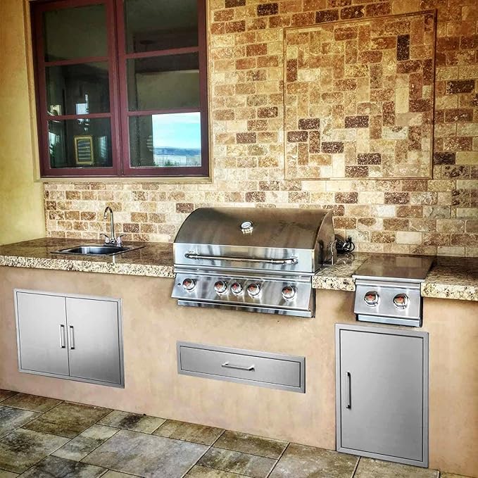 Outdoor Kitchen Drawers,Stainless Steel BBQ Single Drawer with Chrome Handle,30" W x 6.5" H x 23" D Enclosed Built-in Access Drawer Flush Mount for Outdoor Kitchen,BBQ Island