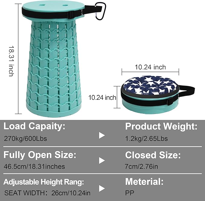 ALEVMOOM Upgraded Collapsible Stool with Thickened Cushion 18.1",600Lbs Max Weight Wider & Taller Pop Up Stool, Heavy Duty Portable Retractable Folding Chair or Travel Foot Rest for Camping Outdoors