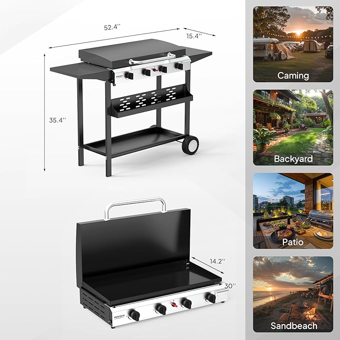 ROVSUN 4 Burner Portable Propane Griddle with Enameled Tray & Lid, 40000 BTU Rolling Flat Top Gas Grill with Electronic Ignition, Side Shelves & Regulator for Outdoor Cooking Camping BBQ Tailgating