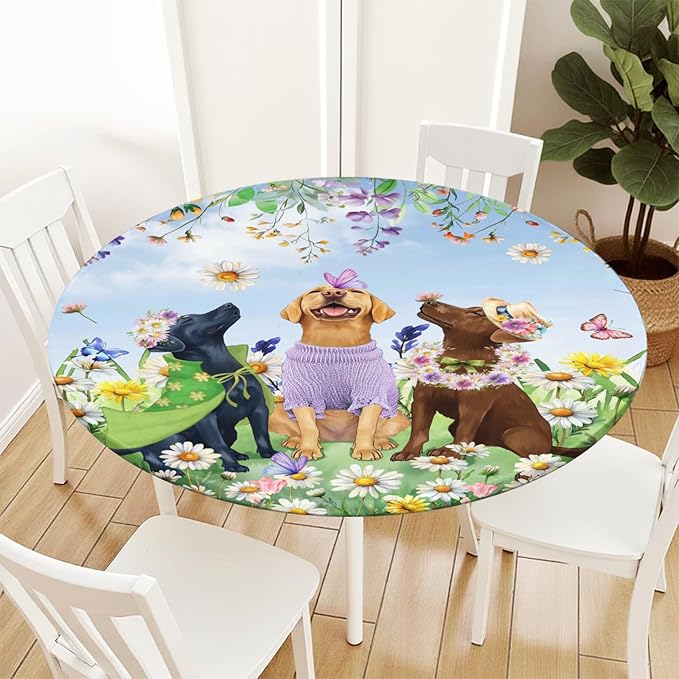 Spring Dogs Round Fitted Tablecloth with Elastic Colorful Floral Farmhouse Easter Circle Table Cloth for 36-40" Tables Wipeable Waterproof Outdoor Wildflowers Puppy Table Cover for Party Picnic Dining