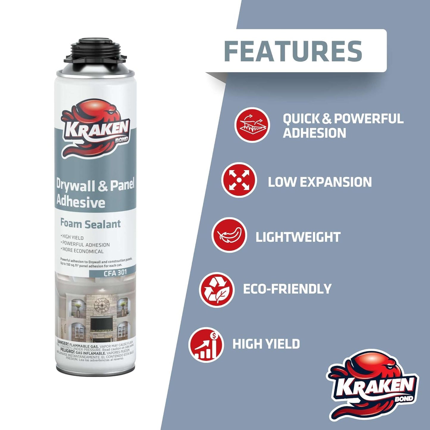 KRAKEN BOND Drywall & Panel Adhesive Foam - (1x24oz) Heavy-Duty, Fast-Curing Construction Adhesive for Concrete, Wood, and Heat Insulation Applications - Gun&Gun Cleaner Set