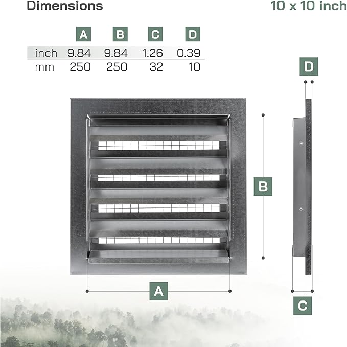 Vent Systems 10" x 10" Inch Galvanized Steel Industrial Air Return Grille - Heavy-Duty Louvered Air Intake Exhaust Vent Cover – Outdoor Wall Vent HVAC Grille - Register for House Wall Crawl Space
