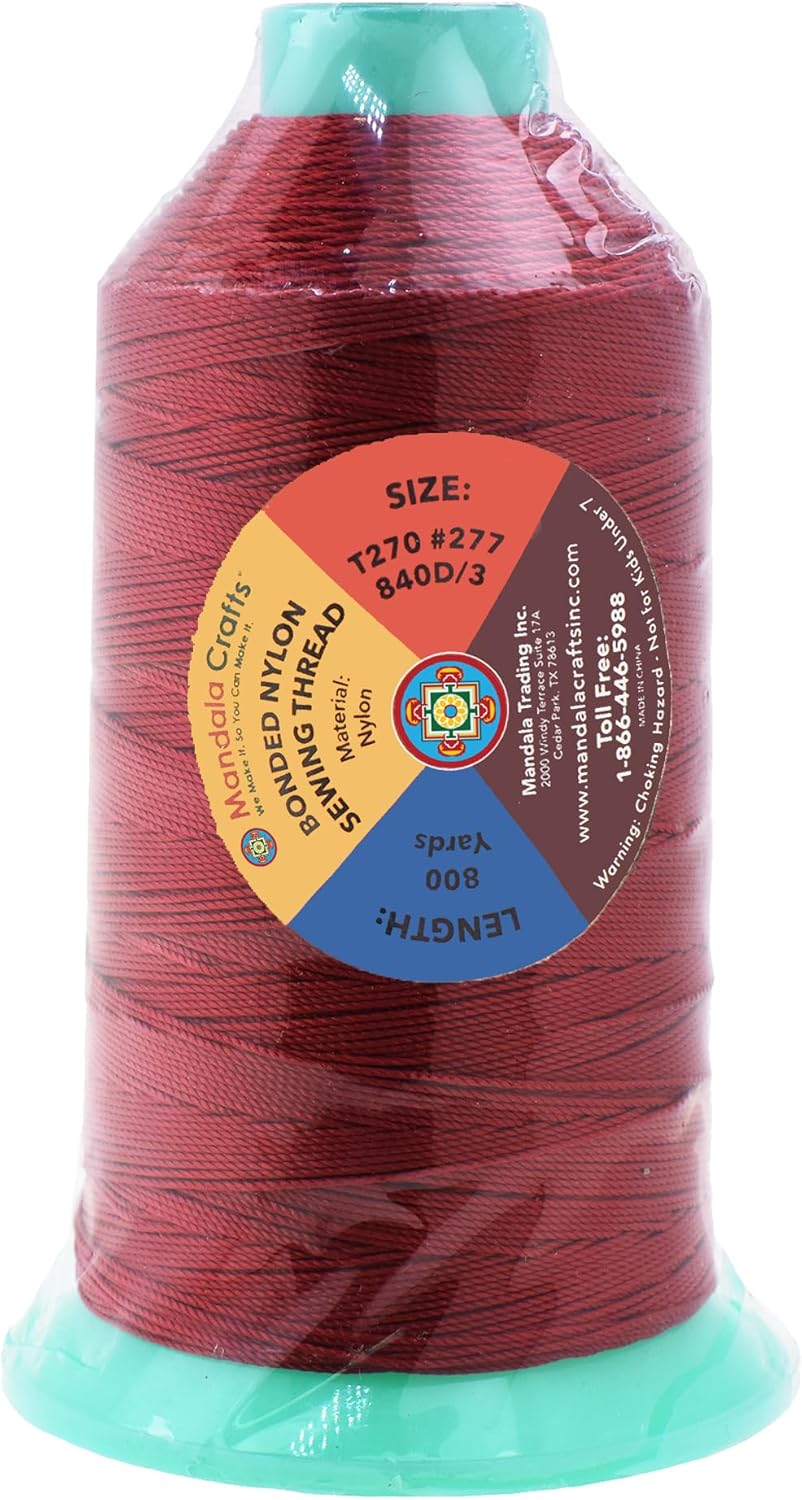 Mandala Crafts Bonded Nylon Thread Maroon Heavy Duty Sewing Threads - 800 YDs Size 277 840D T270 Tex 270 Thread for Leather Jeans Weaving Outdoor Marine Upholstery Threads