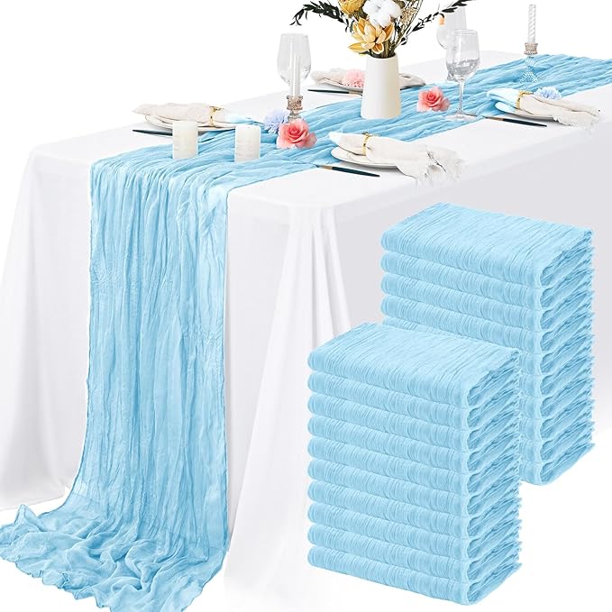 20 Packs Cheesecloth Table Runner 10FT Long Boho Gauze Fabric Table Runner Vintage Rustic Sheer Runners for Wedding Party Bridal Baby Shower Table Decorations (Light Blue )