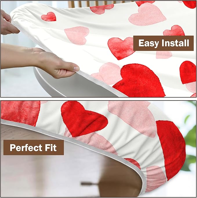 Valentines Day Round Fitted Tablecloth with Elastic Pink Red Love Heart Circle Table Cloth for 44-48" Round Tables Wipeable Waterproof Washable Valentine Table Cover for Picnic Dining Party Decor