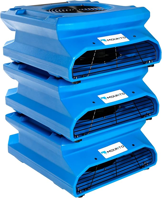 MOUNTO 1/4 HP 1200 CFM Low Profile Air Mover, 2-Speed Carpet Dryer Floor Fan with Dual GFCI Outlets, Stackable Lightweight Blower for Water Damage Restoration (Blue)