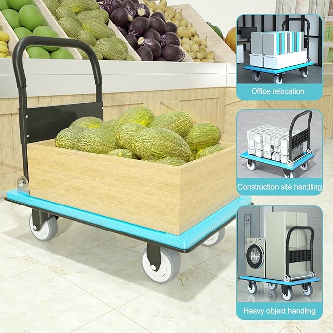 WUD Push Cart, Folding Mobile Platform Trolley,Thickened and Reinforced, 360° Swivel Wheels,35.4 “L x 23.6 ”W, 1100 lb. Blue Dolly cart with Wheels