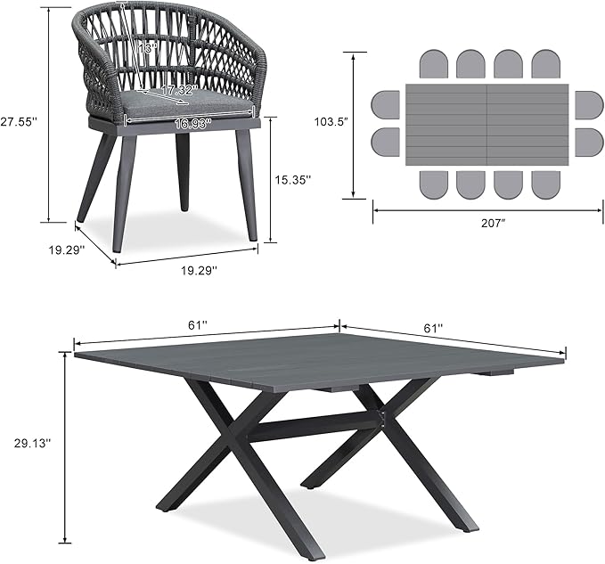 PURPLE LEAF 14 Pieces Outdoor Dining Set All-Weather PE Rattan Outdoor Patio Furniture Set with All Aluminum Frame Rectangular Table and Chairs Set for Lawn Garden Backyard Deck, Grey
