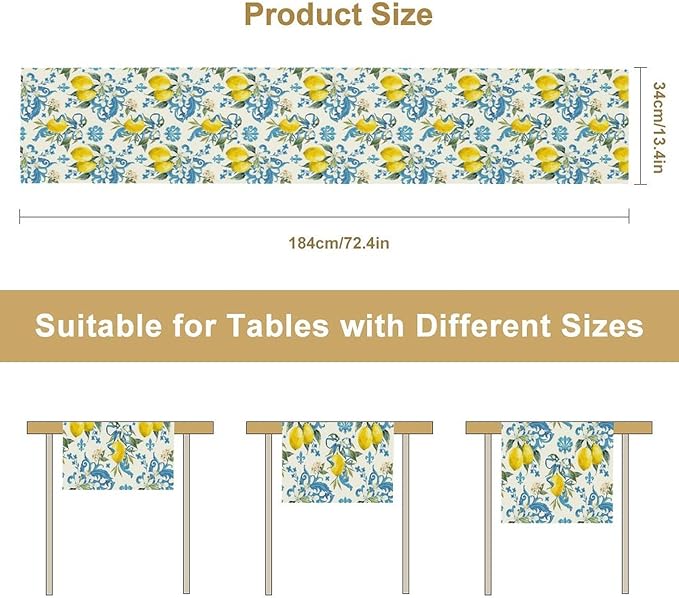 Lemon Flower Table Runner, Summer Fruit Sicilian Style Table Runner for Indoor Outdoor Kitchen Home Party Holiday Dining Table 13x108in