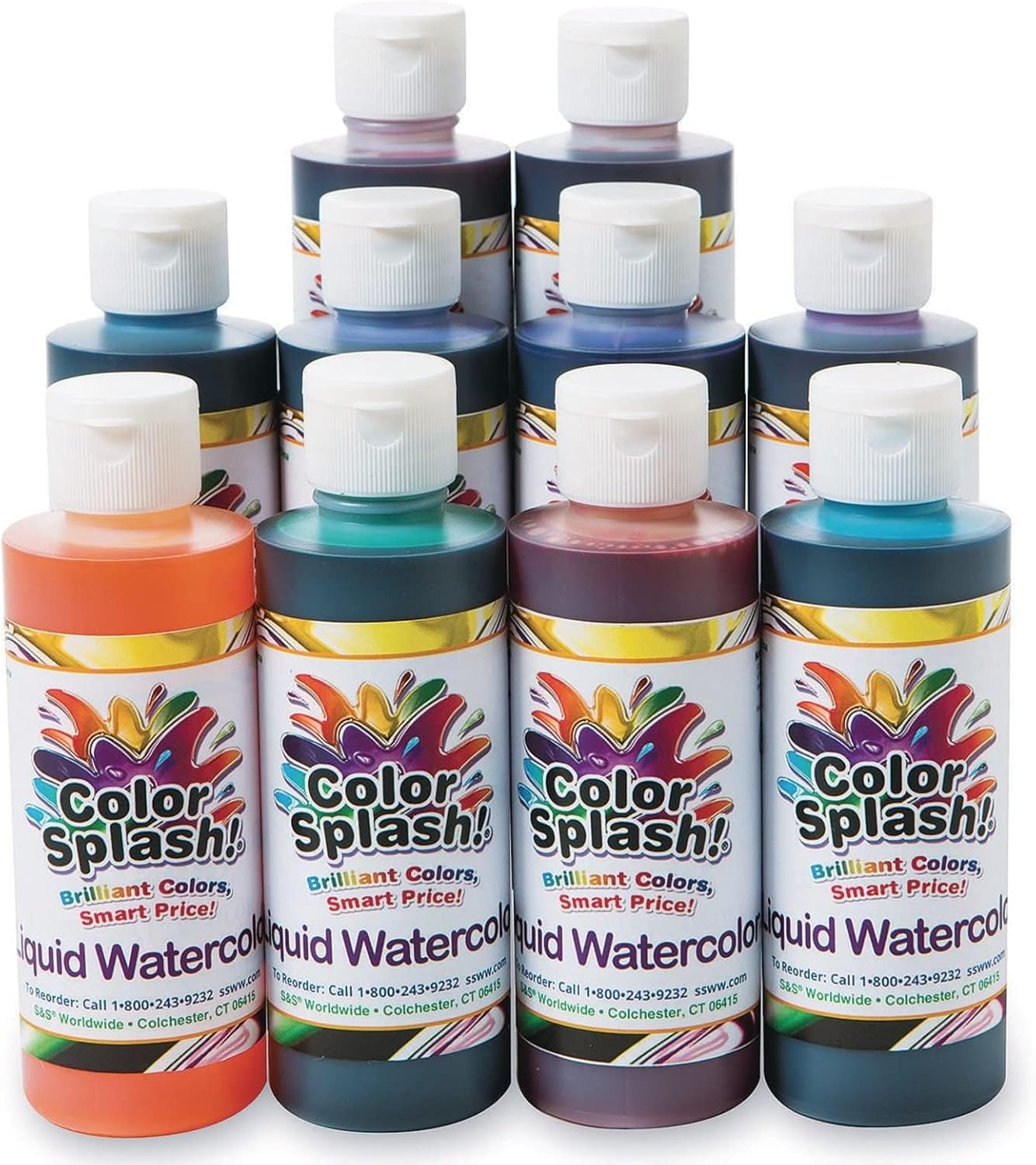 S&S Worldwide Color Splash! Liquid Watercolor Paint, 10 Vivid Colors, 8-oz Flip-Top Bottles, for All Watercolor Painting, Use to Tint Slime, Clay, Glue, Shaving Cream, Non-Toxic., Multicolor