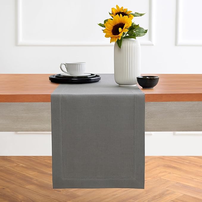 Solino Home Linen Steel Gray Hemstitch Table Runner 60 Inches - 100% Pure Linen Small Table Runner 14 x 60 Inch Ideal for Dresser and Coffee Tables, Spring - Classic Hemstitch
