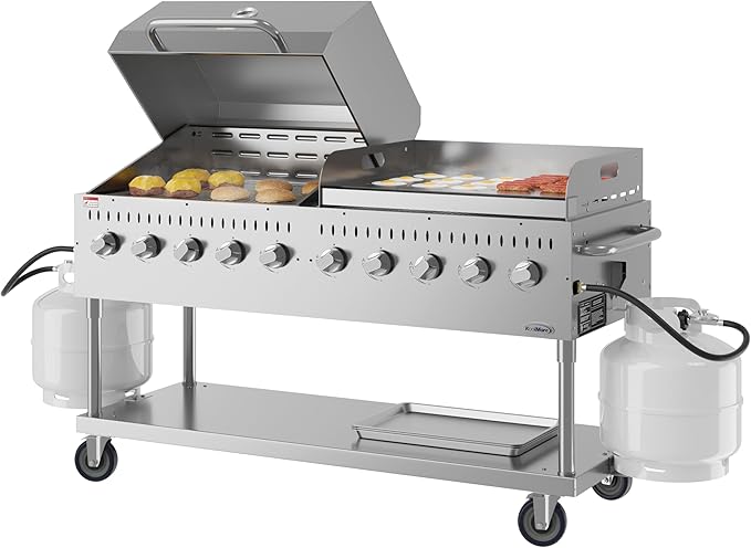 72 in. 10-Burner Commercial Outdoor Propane Gas Grill With 36 in. Roll Dome Cover and 36 in. Griddle in Stainless-Steel, ETL Listed (CGKIT7-D36G36)