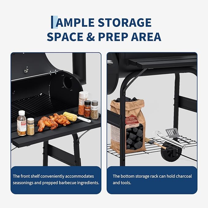 Garvee Charcoal Grills with Offset Smoker, Outdoor BBQ Grill with Handle and Wheels, Barrel Barbecure Smoker Grill Combo for Camping Picnic Patio Backyard Party