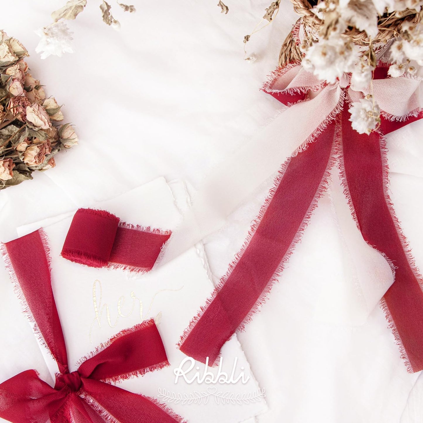 Ribbli Dark Red Chiffon Ribbon 1-1/2 inch x 20 Yard Handmade Fringe Chiffon Silk Ribbon,Dark Red Ribbon for Wrapping, Wedding Invitations, Bridal Bouquets, Home Decor