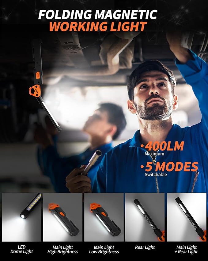 Led Work Light,400LM Foldable Mechanic Light, Rechargeable Flashlight with 5 Modes, 230° Rotate and Hook Magnetic Light for Car Repair, Camping, Grill（1 Pack Upgrade）