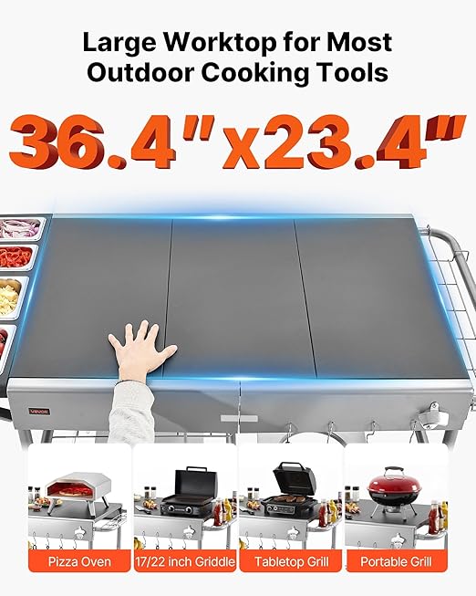 VEVOR Outdoor Grill Cart, 36.4 x 23.4 x 1 inch Tabletop Size Grilling Table, Movable Outdoor Cooking Table with 4 Spice Containers, Wheels, Lids, Hooks, BBQ Prep Tables for Picnic, Kitchen, Courtyard