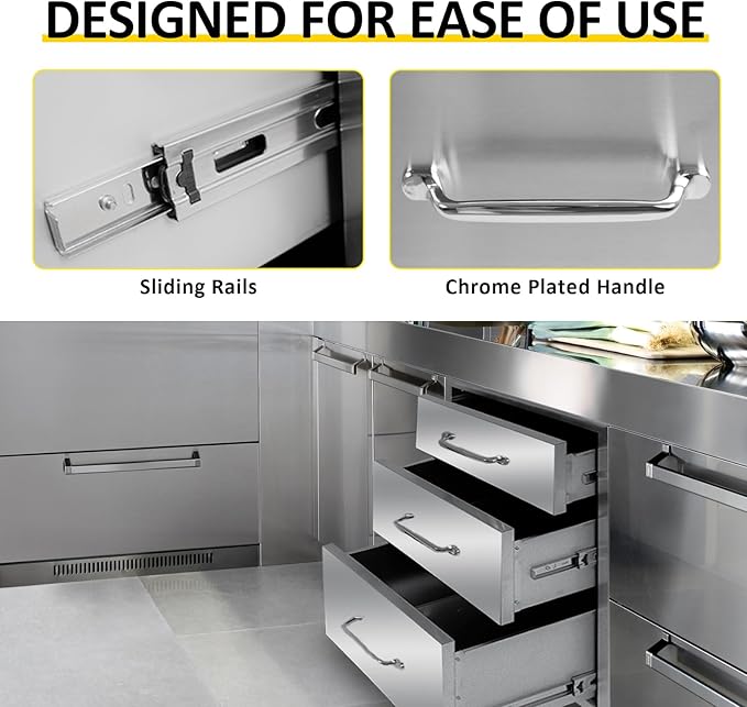 Outdoor Kitchen Drawers 20" W x 27" H x 23" D Flush Mount Triple BBQ Drawers with Chrome Handle Stainless Steel Drawer for Outdoor Kitchen Island, Patio Grill Station