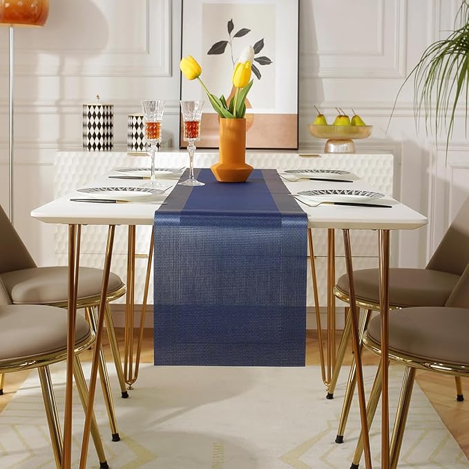 Vinyl Placemats Set of 6 Vinyl Heat-Resistant Table Mats with Matching a Same-Style 72 inches Table Runner(7pcs,Blue)