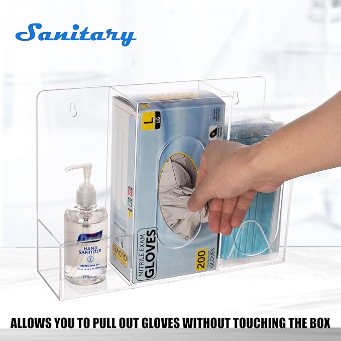 Acrylic Hygiene Dispenser Station with 3 Compartments - Triple Sanitation Station Holder Dispenser for Face Masks, Gloves Box, Hand Sanitizer, Hairnets, Tissues- Wall Mount or Tabletop