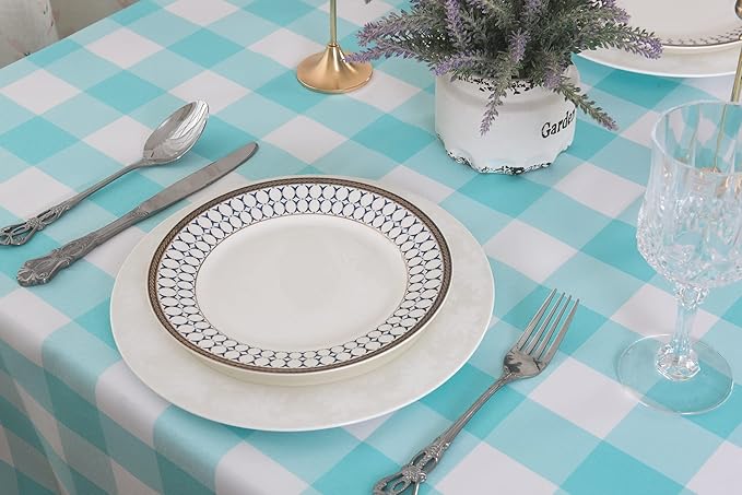 Cupuamon 2 Pack Waterproof Polyester Fabic Square Checkered Tablecloth，54x54 Outdoor Table Cloth，Oil Stain Prevention Table Cloth for Pinics and Parties（Aqua and White）
