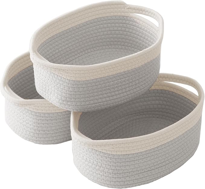 Woven Basket,Small Rope Storage Bin with Handles & Ribbon Bag, Organizer for Shelves Closets,Gift Basket Empty for Birthday,Books,Dog Toys, White&Grey/3 Pack