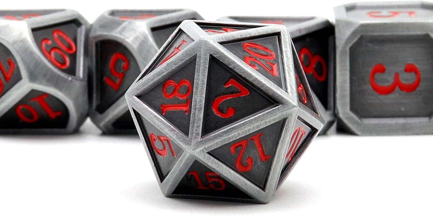 Haxtec Ancient Silver Metal DND Dice Set D&D 7PCS Large Rounded Antiue Iron RPG Dice Red Numbers for Dungeons and Dragons TTRPG Game Gifts',Standard size