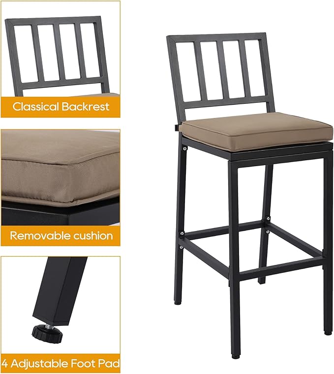 3-Piece Outdoor Patio Bar Set, Bar Height Patio Dining Set, Weather-Resistant Bistro Counter Pub Set with Cushions & Slatted Tabletop for Backyard, Garden, Yard