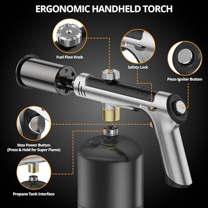 Powerful Propane Torch Gun, Sous Vide, Adjustable Kitchen Cooking Torch with One-Touch Max Fire, Culinary Torch for Searing Steak, BBQ and Campfire Starter(Tank Not Included)