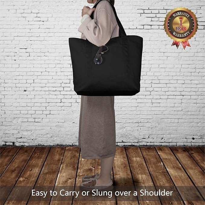 TOPDesign 30-Pack Canvas Tote Bags with an External Pocket, Reusable Grocery Shopping Bags, Top Zipper Closure, Daily Essentials (Black)