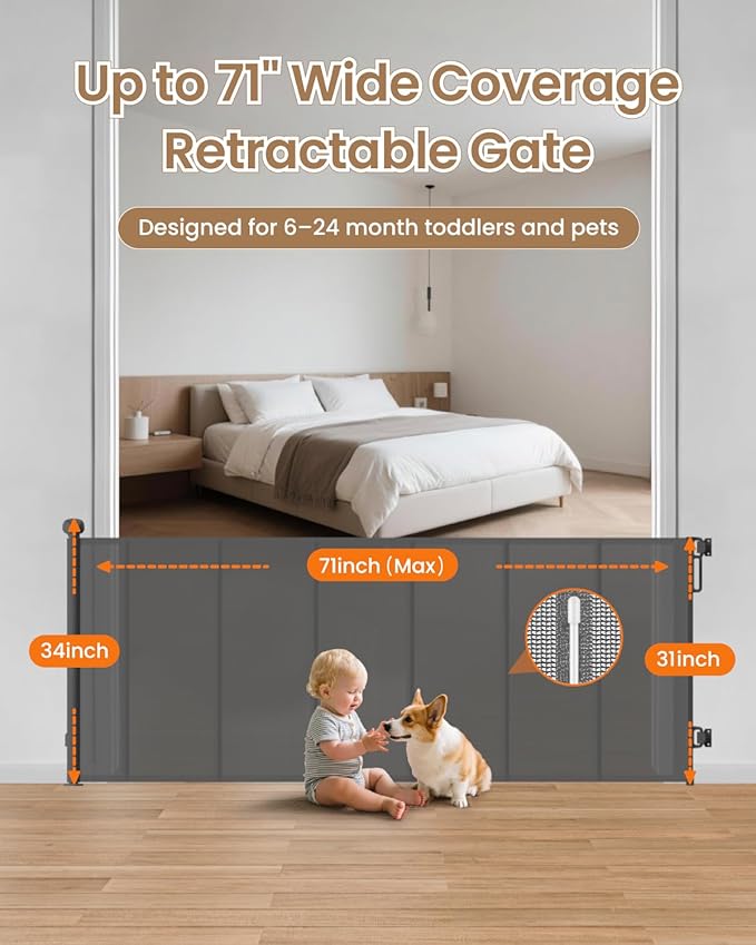 Upgraded Retractable Baby Gate - 71" Wide 34" Tall Mesh Child Safety Gate with High-Density Reinforced Rods, Easy One-Hand Operation Retractable Dog Gate, Fits Baseboards, Gray