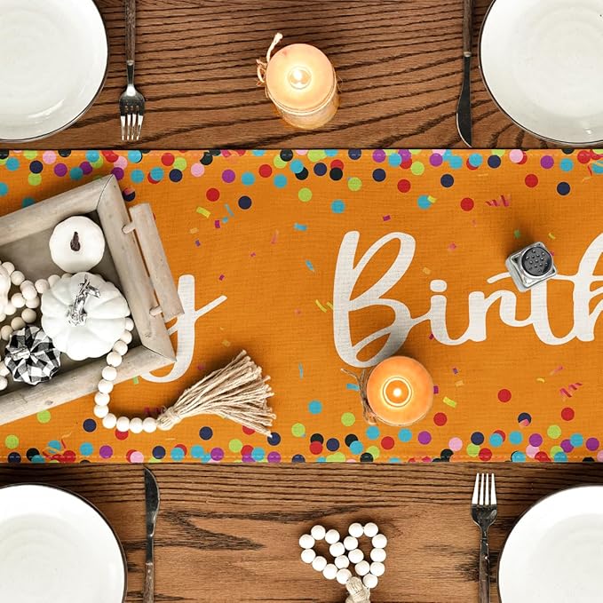Artoid Mode Polka Dot Orange Happy Birthday Table Runner, Seasonal Fall Thanksgiving Kitchen Dining Table Decoration for Home Party Decor 13x72 Inch