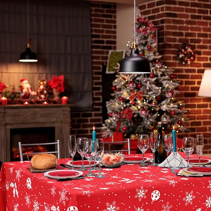 misaya Rectangle Waterproof Vinyl Table Cloth, Wipeable Tablecloth with Flannel Backing, Plastic Table Cover for Dinner, Christmas Party (Bells, 60" x 120")