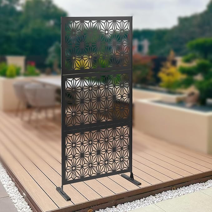 75" H×35" W Decorative Outdoor Privacy Screen with Stand, Outdoor Decor Privacy Fence Screen Metal Fence Panels, Free Standing Metal Divider for Patio Lawn Deck (Black-Snowflake)