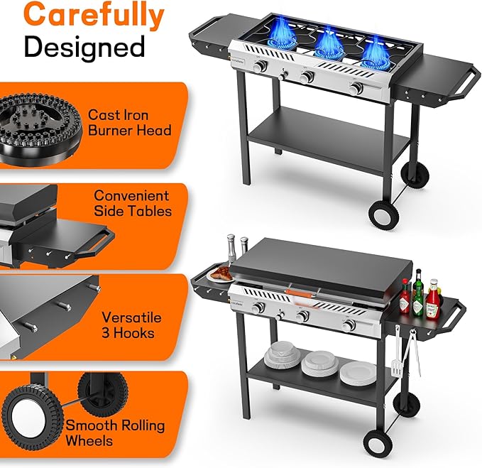 Veralune 3 Burner Propane Stove with Griddle, 225,000 BTU High Pressure Propane Stove with Auto Ignition Button, Outdoor Cooking Stove for Camping, Backyard, Patio, Cooking, BBQ