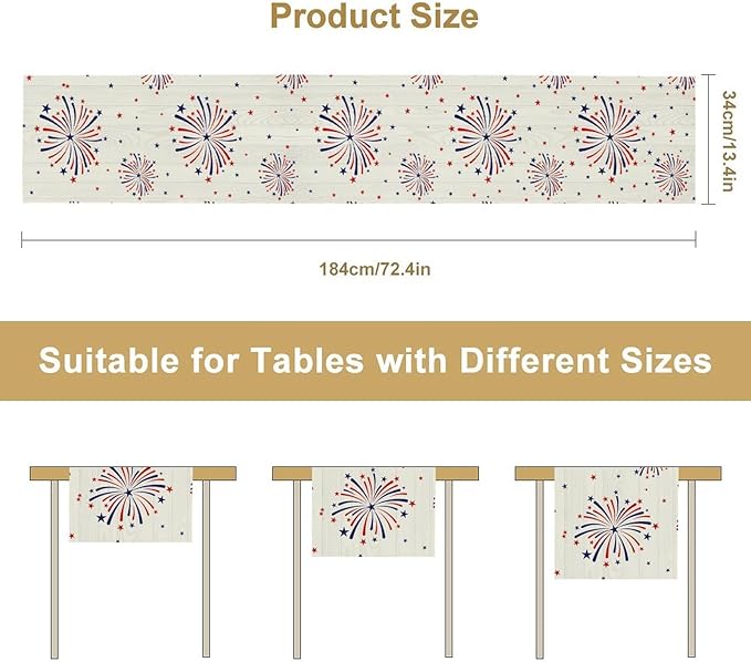 Fireworks Table Runner, 4th of July Patriotic Memorial Day American Independence Day Table Runner for Holiday Kitchen Dining Holiday 13x108in