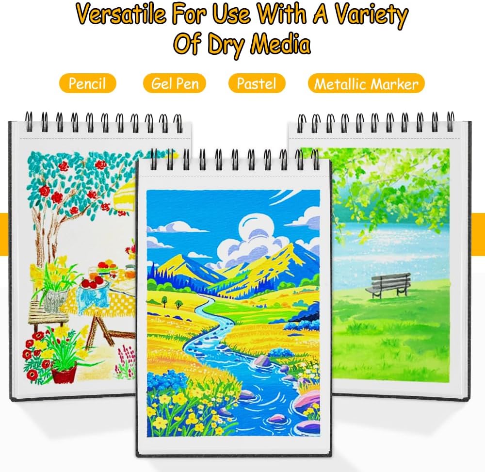 8.3x5.8 Sketch Book, Top Spiral Bound Sketch Pad, 60sheets 92lb/150gsm Bright White Paper, Acid-Free Mixed Media Paper for Painting, Dawing & Art Supplies. B-Black