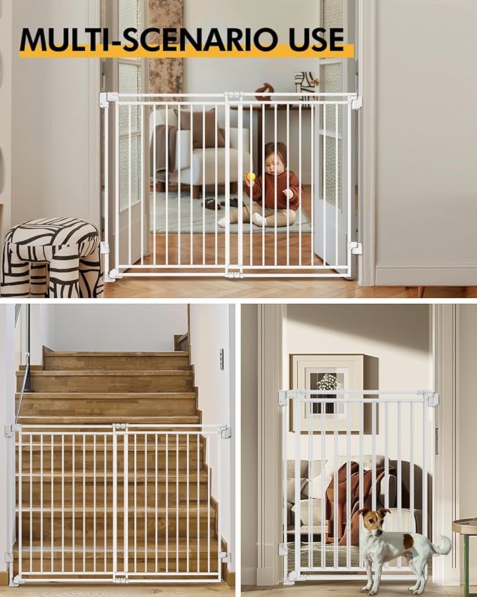 Baby Gate for Stairs Doorways & Kitchen, Extra Wide 32"-54" W x 39" H Extra Tall, No Bottom Bar Dog Gate, One-Handed Auto-Close, Hardware Mount Safety Gate for Dogs & Toddlers, White