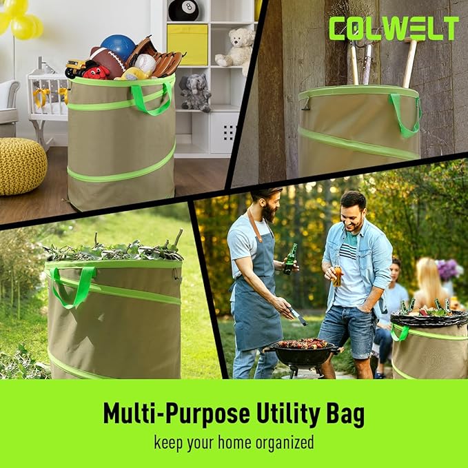Colwelt Collapsible Garden Bag 47Gallon, Collapsible Leaf Bags with Hard Bottom, Heavy Duty Yard Waste Bag Leaf Bin, Leaf Pop up Trash Can (come with Leaf Scoop, Garden Gloves)
