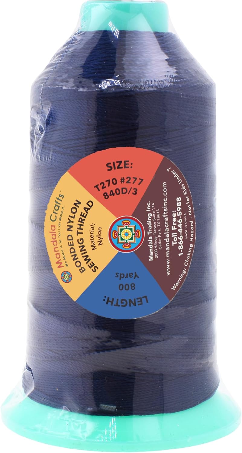 Mandala Crafts Bonded Nylon Thread Dark Blue Heavy Duty Sewing Threads - 800 YDs Size 277 840D T270 Tex 270 Thread for Leather Jeans Weaving Outdoor Marine Upholstery Threads