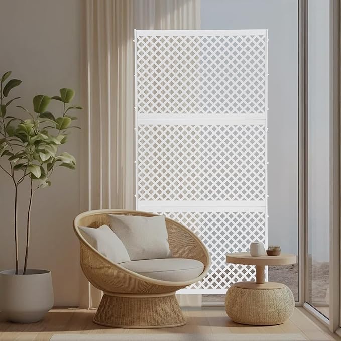 Outdoor Metal Privacy Screen with Stand, 35.4" W x 75" H Freestanding Metal Slatted Decorative Privacy Screen and Panels for Patio Garden Balcony Porch (White Grill)
