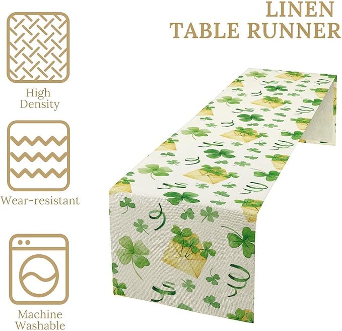 Clover Table Runner,Retro Rustic Green Shamrock Yellow Envelope Spring Seasonal Holiday St.Patrick's Day Table Center Decor for Home Kitchen Dining Holiday Party Indoor Decorations, 13"x90"