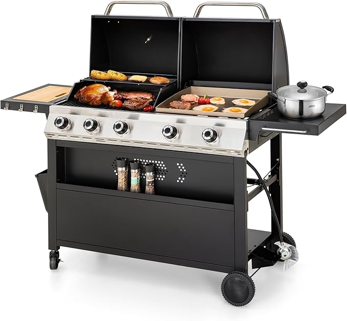 MFSTUDIO 5 Burner Gas Grill Griddle Combo with Porcelain-Enameled Cast Iron Grates,Cutting Board and Double Lids, Duel-Function Propane BBQ Grills with Flat Top Grddle for Outdoor Barbecue Cooking