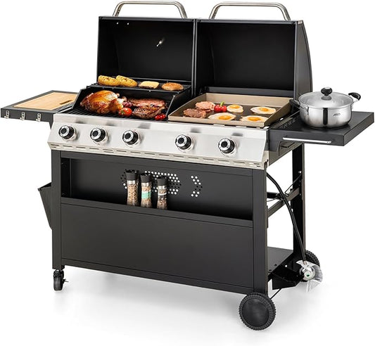 MFSTUDIO 5 Burner Gas Grill Griddle Combo with Porcelain-Enameled Cast Iron Grates,Cutting Board and Double Lids, Duel-Function Propane BBQ Grills with Flat Top Grddle for Outdoor Barbecue Cooking