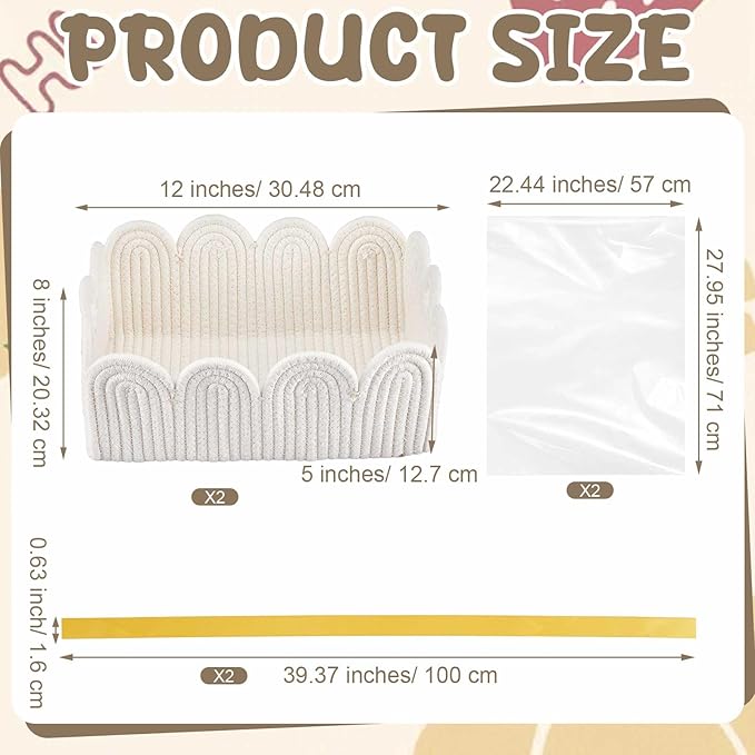 2 Pcs Small White Scalloped Wicker Hand-Woven Rattan Baskets with Built-in Handles and Clear Gift Bags 12"X 8" X 5" for Baby Diaper Caddy Basket Baby Shower Gifts Easter Egg Storage