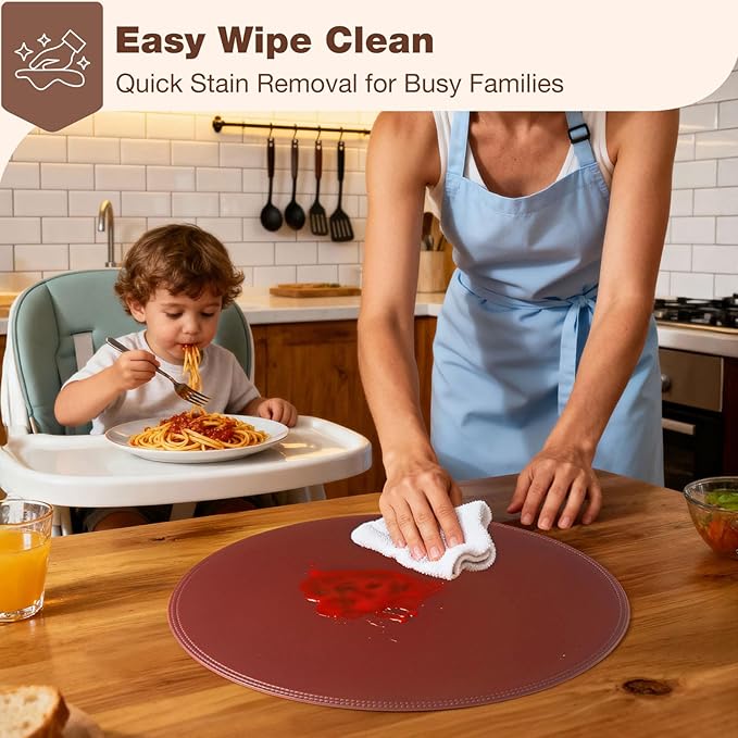 Round Vinyl Burgundy Placemats Set of 6, Faux Leather Waterproof Wipeable Heat Resistant Place Mats, Washable Table Mats for Halloween, Thanksgiving & Christmas Dinner(Burgundy)