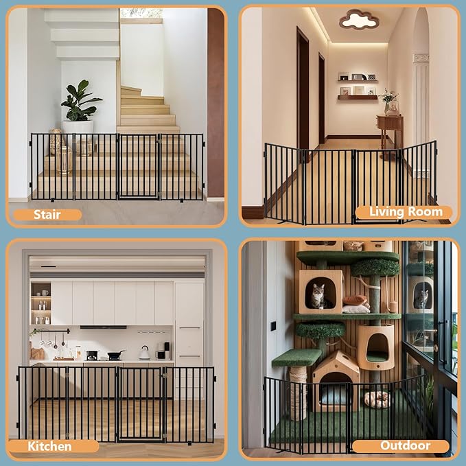 Full Metal Freestanding Dog Gates with Door, 32" Height Dog Fences for Indoor & Outdoor, Extra Wide Foldable Pet Gates for Stairs, Hallways, Doorways, Yard (4 Panels, 80" W × 36" H)